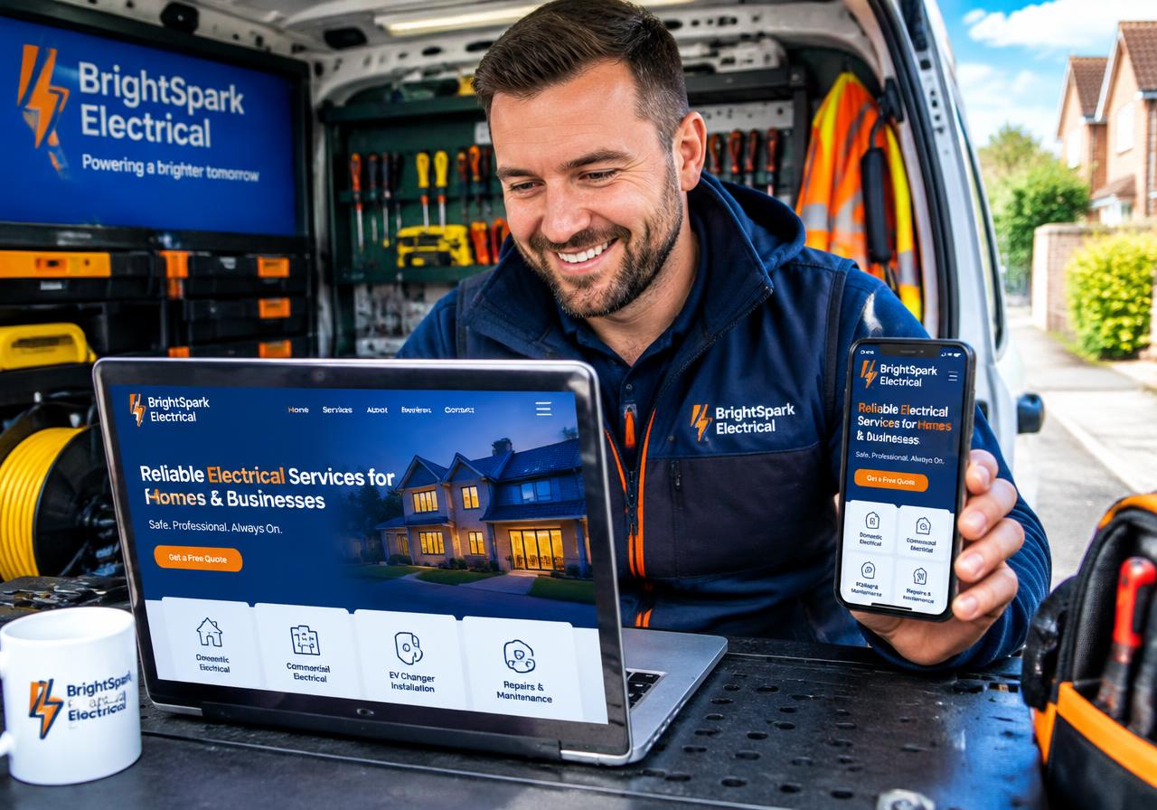Electrician showing his new website on a laptop and phone